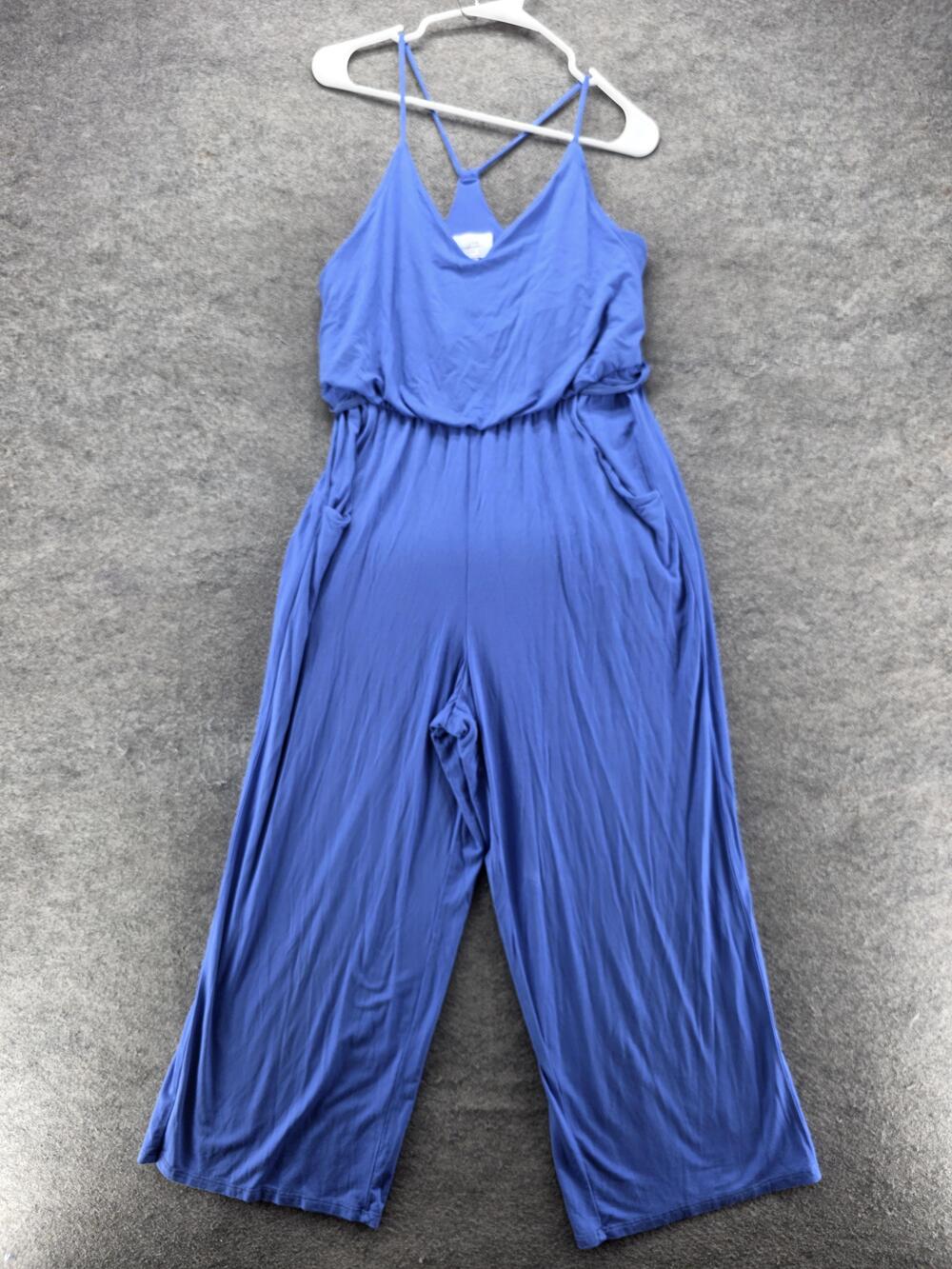 Soma Jumpsuit Womens M Blue One-Piece V-Neck Sleeveless Pockets Jersey Wide Leg